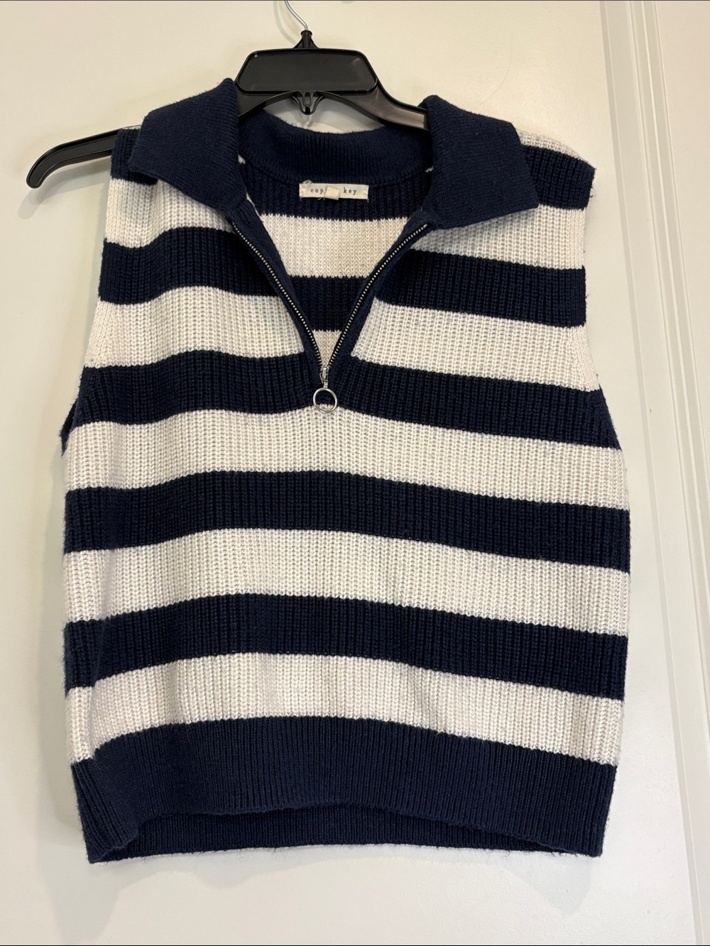 Copper Key Medium Navy & White Striped Zip Collared Fisherman Sweater Vest